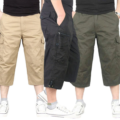 Summer Men's Casual Cotton Cargo Shorts Overalls Long Length Multi Pocket Hot breeches Military Pants Male Cropped Pants