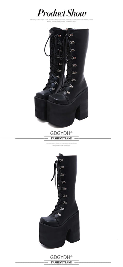 Gdgydh Large Size 43 Thick Platform Extreme High Heels Cool Motorcycles Boots Punk Style Shoelaces Knee High Boots Winter