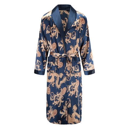 Men Robe Nightgown Long Sleeves Kimono Bathrobe Gown Silky Satin Dragon Print Pajamas Sleepwear Nightwear Gown Casual Home