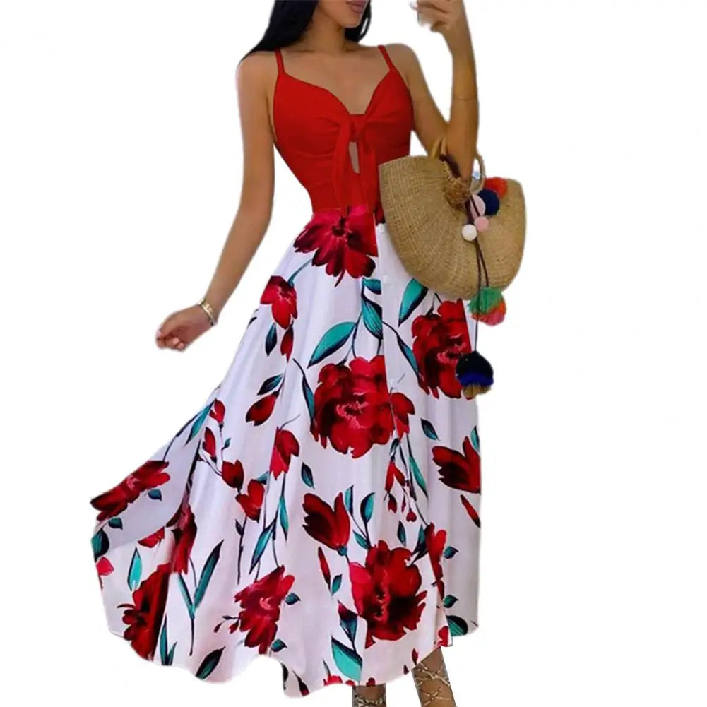 Women's Sling Long Dresses Summer Floral V-Neck Sleeveless Party Dress Beach Print Maxi Dress Casual Sundress New Fashion