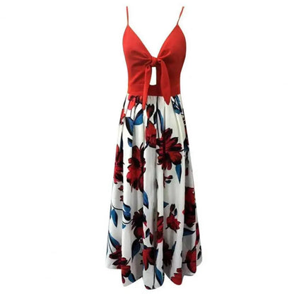 Women's Sling Long Dresses Summer Floral V-Neck Sleeveless Party Dress Beach Print Maxi Dress Casual Sundress New Fashion