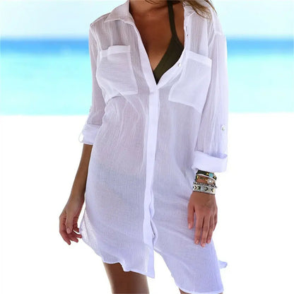 Hot Cotton Tunics for Beach Women Swimsuit Cover-ups Woman Swimwear Beach Cover up Beachwear Mini Dress Saida de Praia WHITE One Size