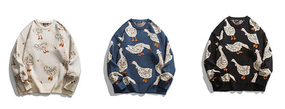 Japanese Knitted Sweater Men Cartoon Animal Duck Goose Print Pullover Harajuku Casual O-neck Oversize Top Streetwear Unisex Fall