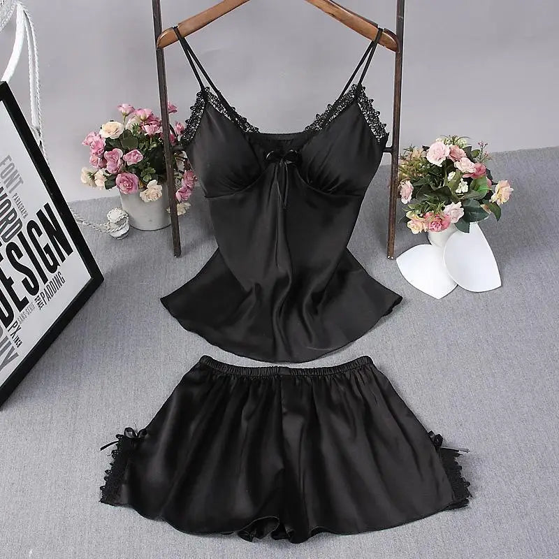 Sexy Summer Womens 2PC Robe Bath Gown Strap Top Pants Pajamas Sets Sleepwear Lady Home Wear Nightgown Suit Sleepshirts M-XXL Black