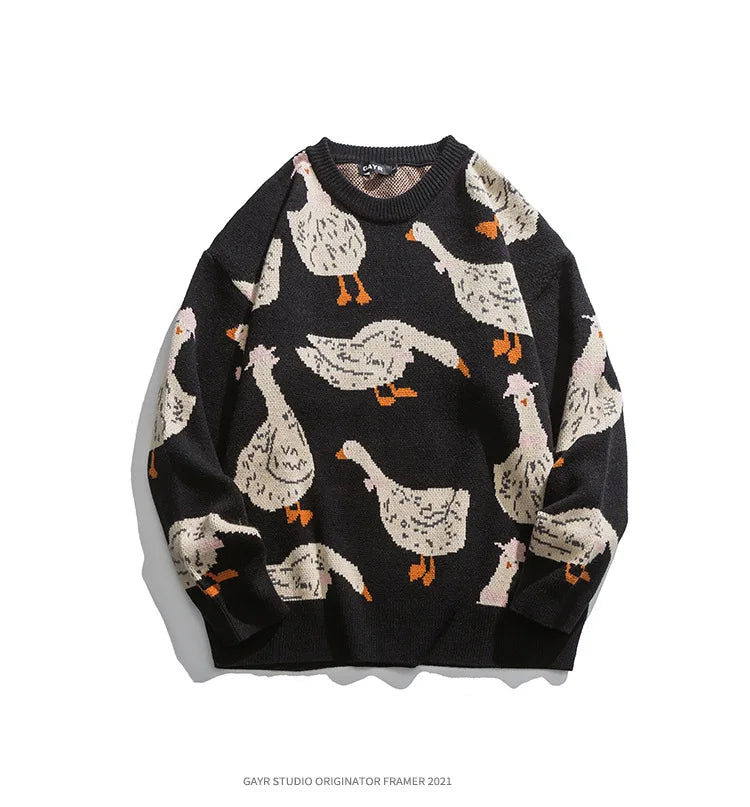 Japanese Knitted Sweater Men Cartoon Animal Duck Goose Print Pullover Harajuku Casual O-neck Oversize Top Streetwear Unisex Fall