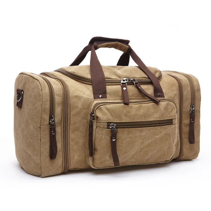 Men Hand Bag Large Capacity Luggage Travel Duffle Bags Canvas Travel Bags Weekend Shoulder Bags Multifunction Outdoor Duffel Bag Khaki