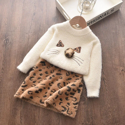 Menoea Children Autumn Leopard Clothes Kids Winter Sweater Dress Woollen Long Sleeve Cat Design Girls Clothing Knit Bow Dresses