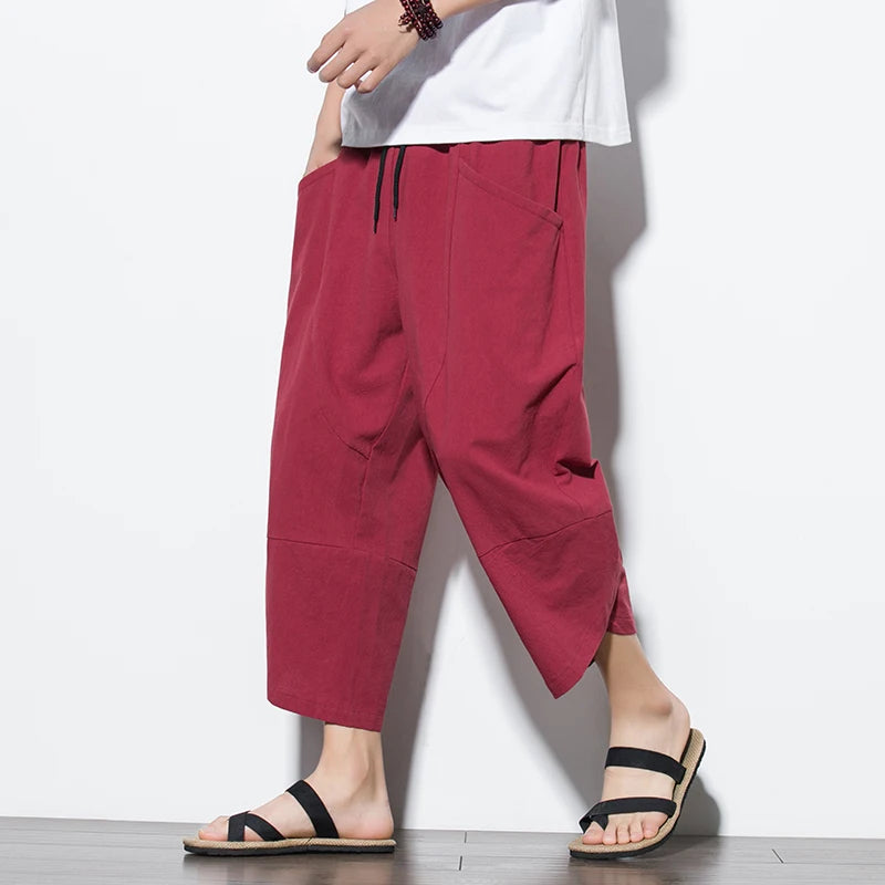 2024 Summer Men Chinese Style Cotton Linen Harem Pants Men Streetwear Breathable Beach Pants Male Casual Calf-Lenght Trousers red CHINA