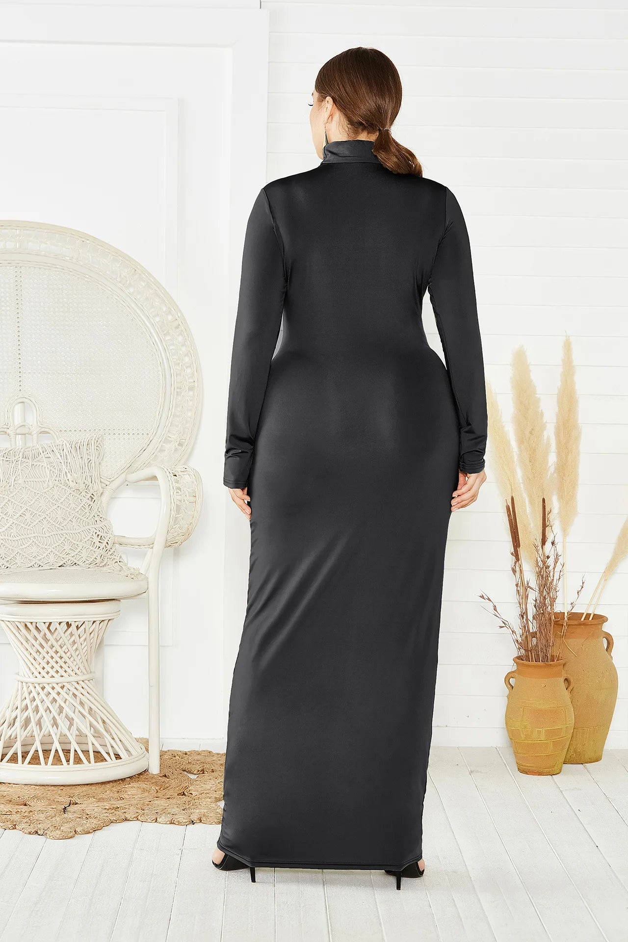 Spring Autumn Women Solid Casual Slim Bodycon Package Hip Maxi Dress Long Sleeve Turtleneck Stretchy Long Dresses Plus Size Robe