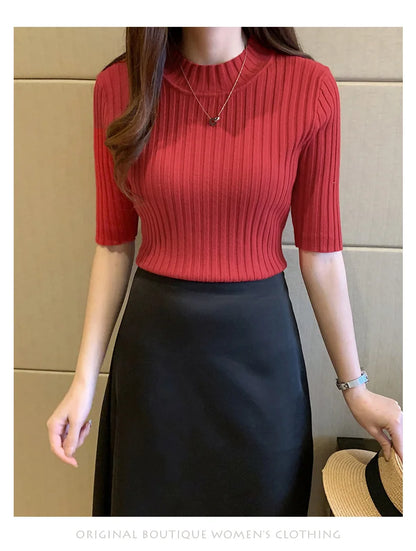 Casual Knitted Tee Shirt Elegant Short Sleeve Tops Fashion Basic Woman T-shirt Femme Elasticity Poleras De Mujer Camisetas 13466