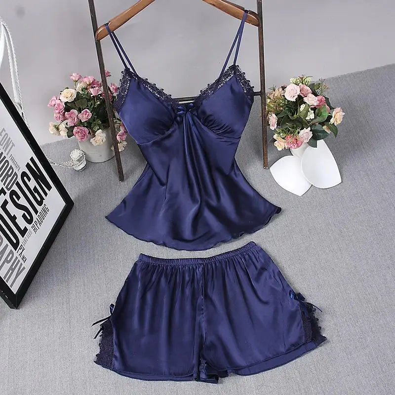 Sexy Summer Womens 2PC Robe Bath Gown Strap Top Pants Pajamas Sets Sleepwear Lady Home Wear Nightgown Suit Sleepshirts M-XXL Navy Blue