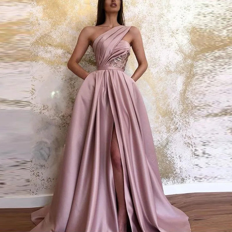 Hot sale Pink sexy high slit slanted shoulder floor-length evening dress