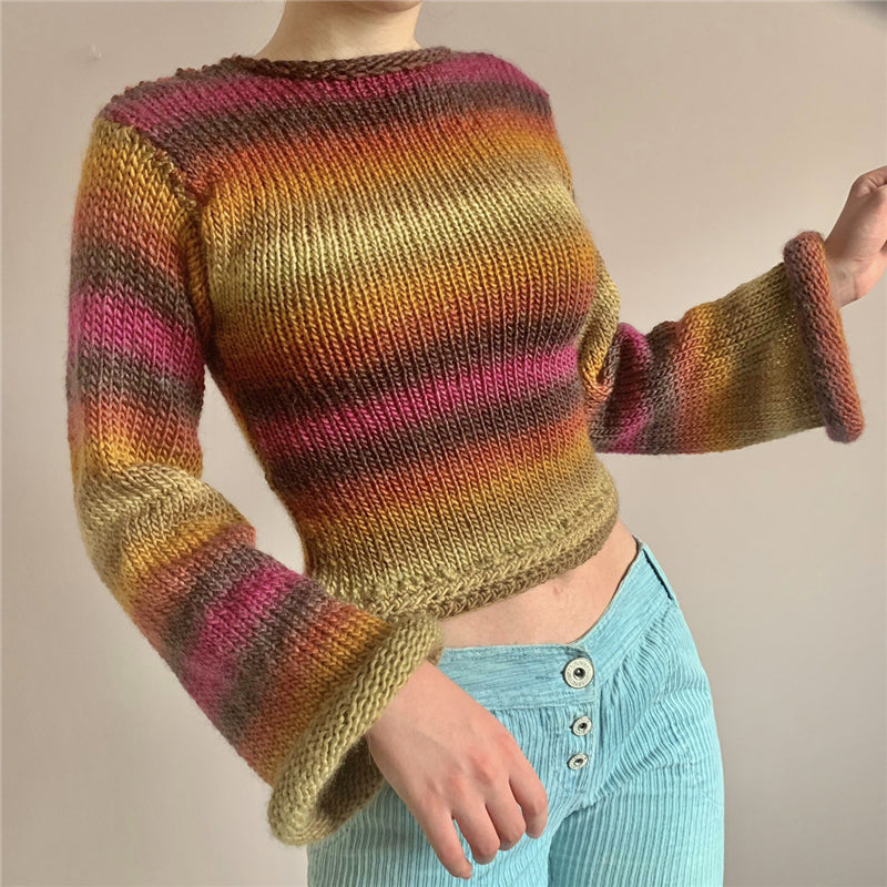 Dourbesty Rainbow Curled Sweater Women Fashion Flared Long Sleeve Loose Knitted Pullovers Fairy Harajuku Vintage Clothes Autumn