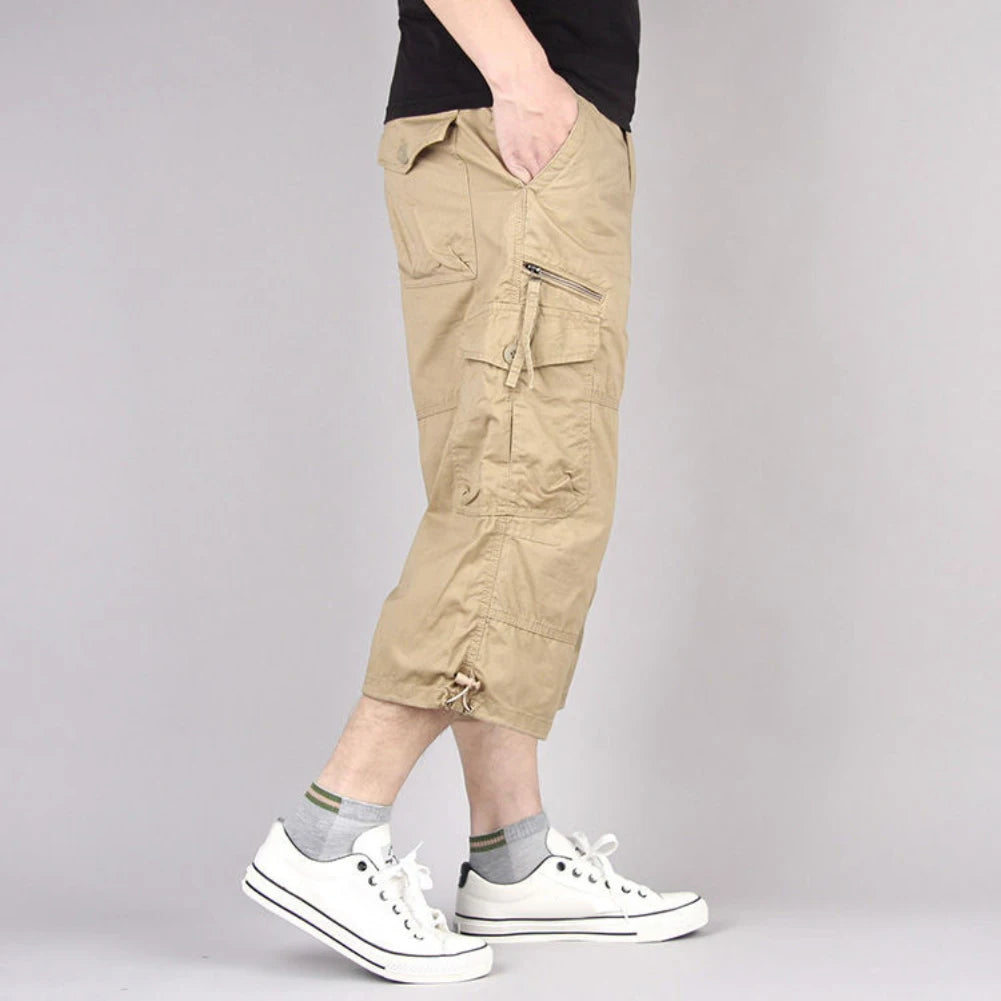 Summer Men's Casual Cotton Cargo Shorts Overalls Long Length Multi Pocket Hot breeches Military Pants Male Cropped Pants