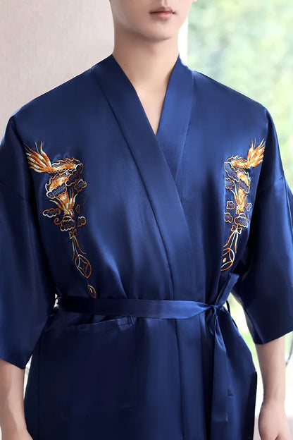 Navy Blue Embroidery Dragon Robe Nightgown Men Kimono Bathrobe Gown Satin Silk Sleepwear Nightwear Loose Casual Home Clothes