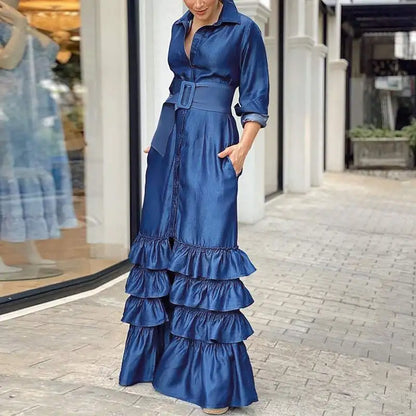 Women Party Maxi Dress 2023 VONDA Spring Holiday Dress Casual Vintage Long Sleeve Lapel Button Down Ruffled Vestidos Robe Femme