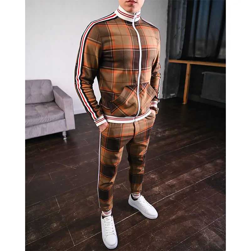 Mens Tracksuits Colorful Plaid Casual Zipper Hoodie Set 3D Print Set New Autumn Male Sweatshirt Clothes For Men