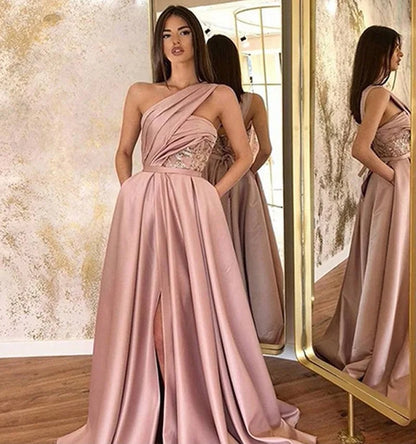 Hot sale Pink sexy high slit slanted shoulder floor-length evening dress