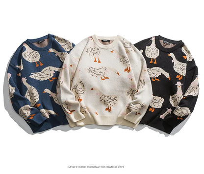 Japanese Knitted Sweater Men Cartoon Animal Duck Goose Print Pullover Harajuku Casual O-neck Oversize Top Streetwear Unisex Fall