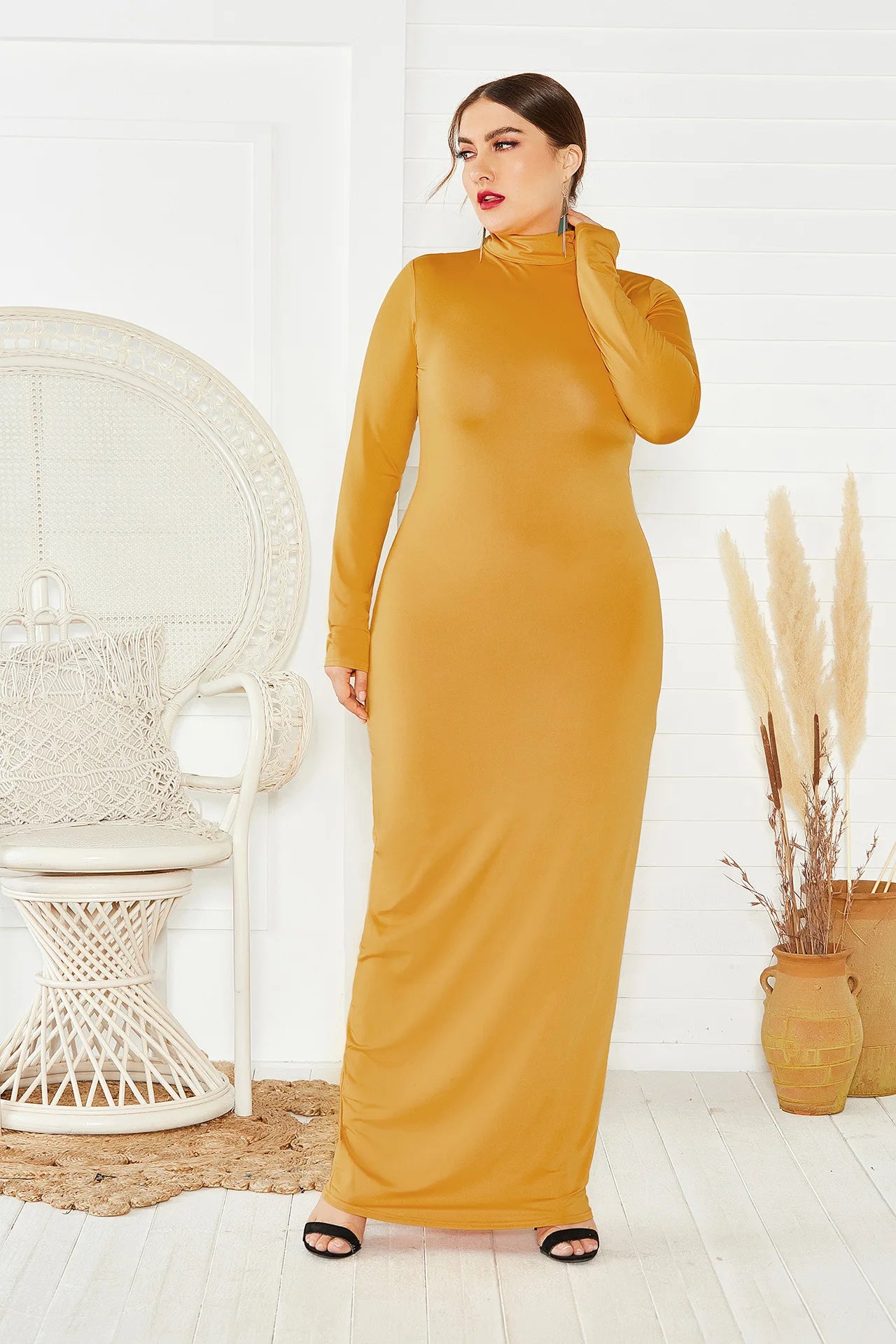 Spring Autumn Women Solid Casual Slim Bodycon Package Hip Maxi Dress Long Sleeve Turtleneck Stretchy Long Dresses Plus Size Robe