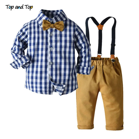 Top and Top Boys Clothing Sets Springs Autumn New Kids Boys Long Sleeve Plaid Bowtie Tops+Suspender Pants Casual Clothes Outfit