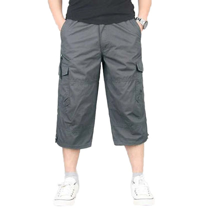 Summer Men's Casual Cotton Cargo Shorts Overalls Long Length Multi Pocket Hot breeches Military Pants Male Cropped Pants Grey