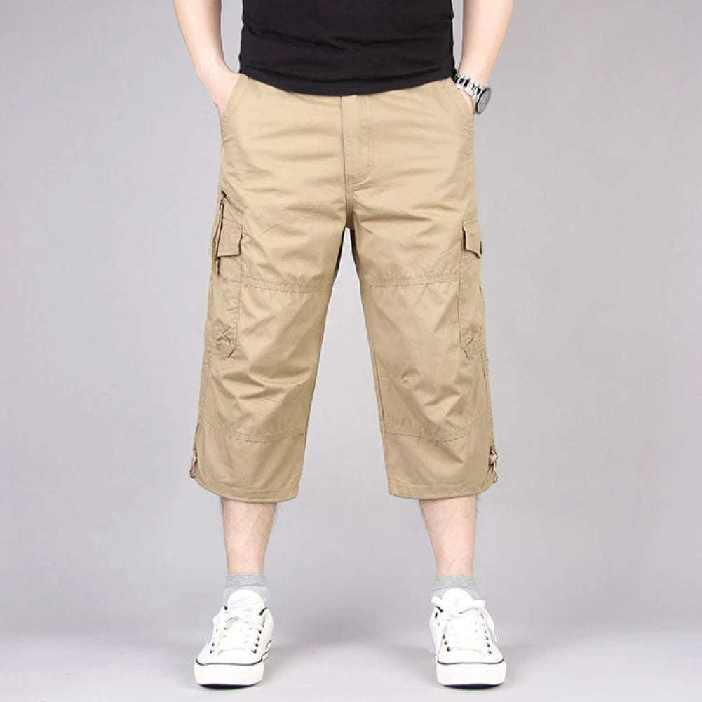 Summer Men's Casual Cotton Cargo Shorts Overalls Long Length Multi Pocket Hot breeches Military Pants Male Cropped Pants