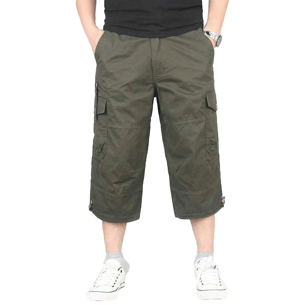 Summer Men's Casual Cotton Cargo Shorts Overalls Long Length Multi Pocket Hot breeches Military Pants Male Cropped Pants army green