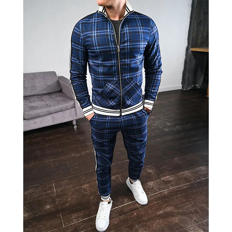 Mens Tracksuits Colorful Plaid Casual Zipper Hoodie Set 3D Print Set New Autumn Male Sweatshirt Clothes For Men