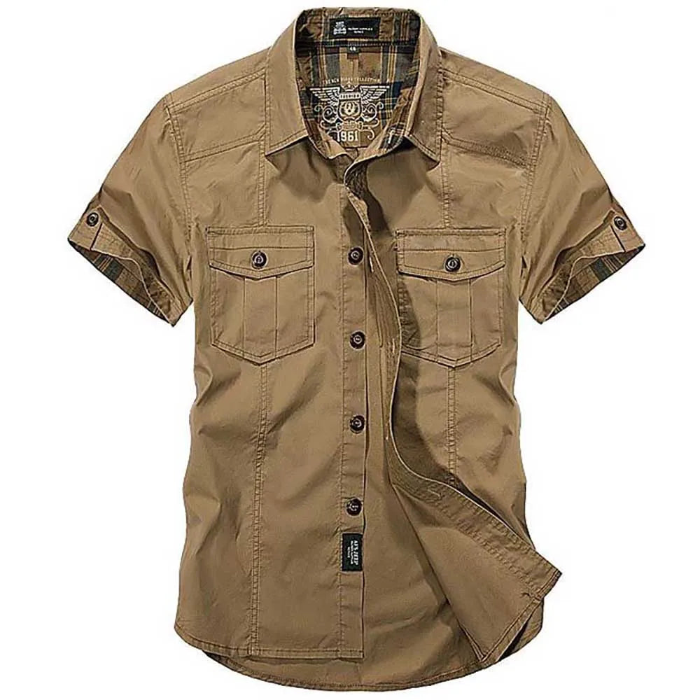 Fashion Cotton Casual Shirts Summer Men Plus Size Loose Baggy Shirts Short Sleeve Turn-down Collar Military Style Male Clothing Khaki