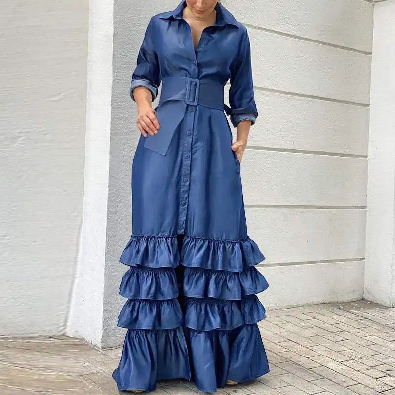 Women Party Maxi Dress 2023 VONDA Spring Holiday Dress Casual Vintage Long Sleeve Lapel Button Down Ruffled Vestidos Robe Femme