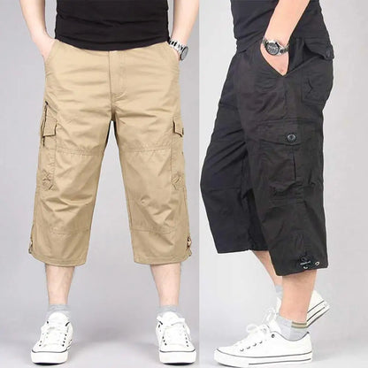 Summer Men's Casual Cotton Cargo Shorts Overalls Long Length Multi Pocket Hot breeches Military Pants Male Cropped Pants