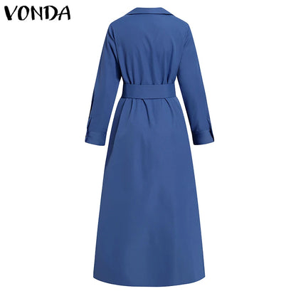 Women Party Maxi Dress 2023 VONDA Spring Holiday Dress Casual Vintage Long Sleeve Lapel Button Down Ruffled Vestidos Robe Femme