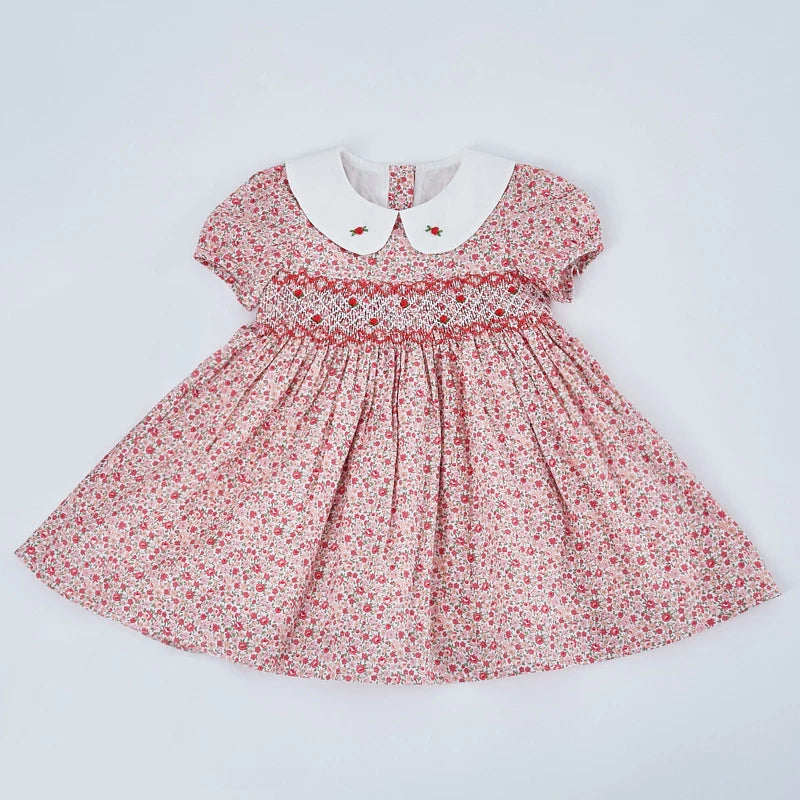 Kids Little Girls Handmade Smocked Floral Flower Print Dresses 2024 Spring Summer Toddler Girl Princess Vintage Smock Dress Color 3