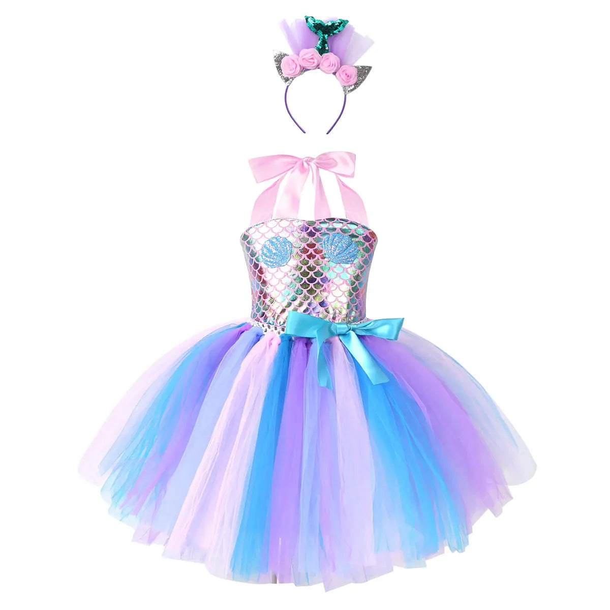 Kids Girls Cosplay Party Dress Princess Dress Up Mermaid Tulle Tutu Dresses Theme Birthday Party Costume with Flower Headband Pink C