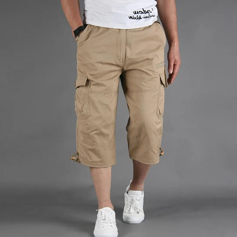 Long Length Cargo Shorts Men Summer Casual Cotton Multi Pockets Hot Breeches Cropped Trousers Military Camouflage Shorts 5XL Khaki