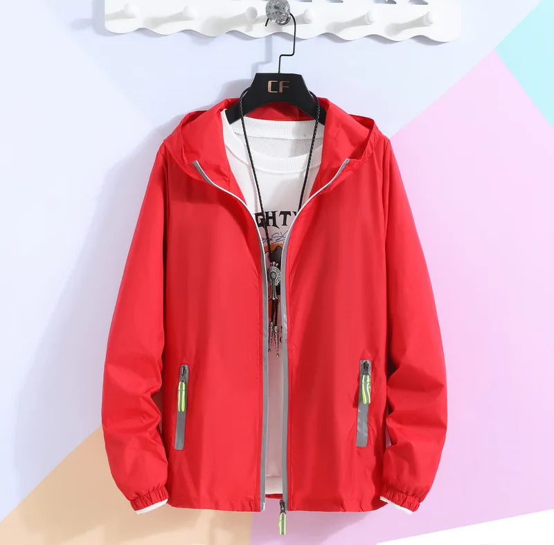 New Women's Thin Coat Summer Sun Protection Clothing Reflective Zipper Hooded Casual Jacket Family Lovers Clothing Plus Size 7XL Red