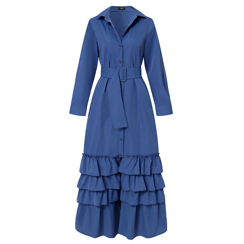 Women Party Maxi Dress 2023 VONDA Spring Holiday Dress Casual Vintage Long Sleeve Lapel Button Down Ruffled Vestidos Robe Femme