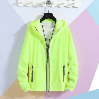 New Women's Thin Coat Summer Sun Protection Clothing Reflective Zipper Hooded Casual Jacket Family Lovers Clothing Plus Size 7XL