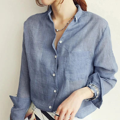 Chemisier Femme Womens Tops Fashion 2024 Summer Linen White Shirt Women Long Sleeve Blouse Korean Woman Clothes Roupas Femininas Denim Blue shirt