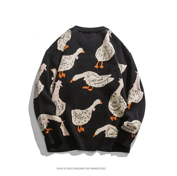 Japanese Knitted Sweater Men Cartoon Animal Duck Goose Print Pullover Harajuku Casual O-neck Oversize Top Streetwear Unisex Fall