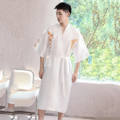 Navy Blue Embroidery Dragon Robe Nightgown Men Kimono Bathrobe Gown Satin Silk Sleepwear Nightwear Loose Casual Home Clothes White Robe