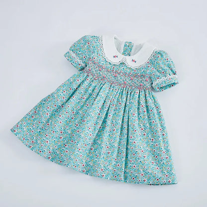 Kids Little Girls Handmade Smocked Floral Flower Print Dresses 2024 Spring Summer Toddler Girl Princess Vintage Smock Dress