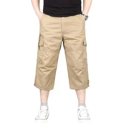 Summer Men's Casual Cotton Cargo Shorts Overalls Long Length Multi Pocket Hot breeches Military Pants Male Cropped Pants Khaki