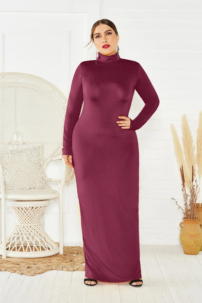 Spring Autumn Women Solid Casual Slim Bodycon Package Hip Maxi Dress Long Sleeve Turtleneck Stretchy Long Dresses Plus Size Robe