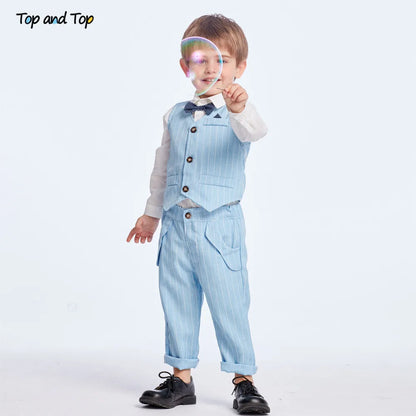 Top and Top Spring&Autumn Baby Boy Gentleman Suit White Shirt with Bow Tie+Striped Vest+Trousers 3Pcs Formal Kids Clothes Set