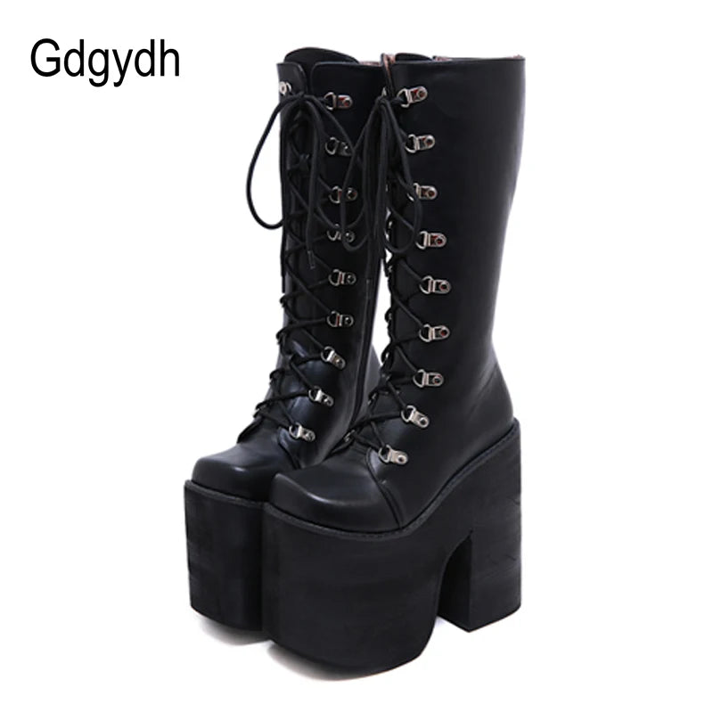 Gdgydh Large Size 43 Thick Platform Extreme High Heels Cool Motorcycles Boots Punk Style Shoelaces Knee High Boots Winter