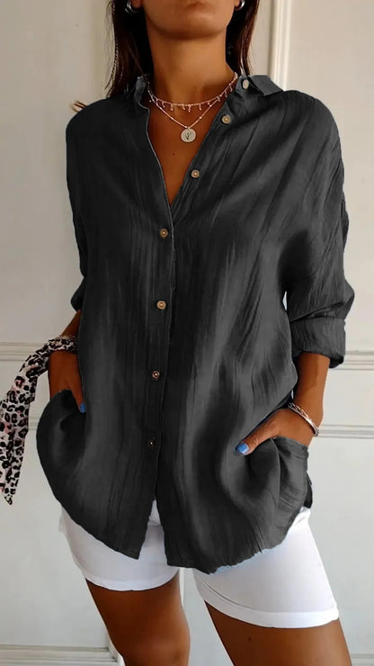 Lovely Female Lapel Long Sleeve Shirt Women's Single-breasted Pleated Shirt Black