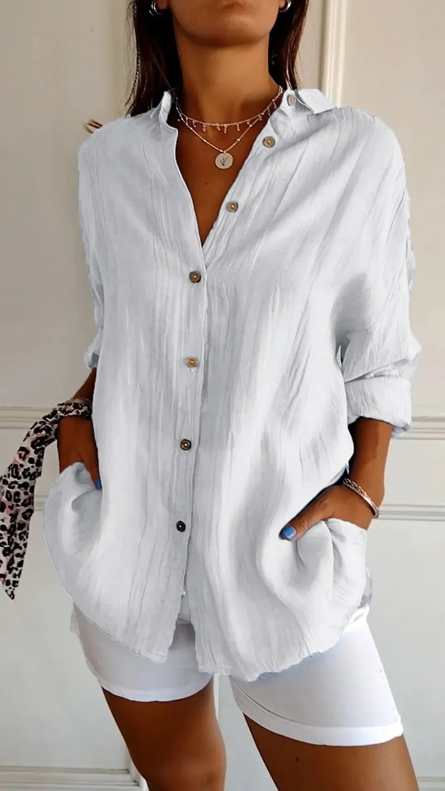 Lovely Female Lapel Long Sleeve Shirt Women's Single-breasted Pleated Shirt White