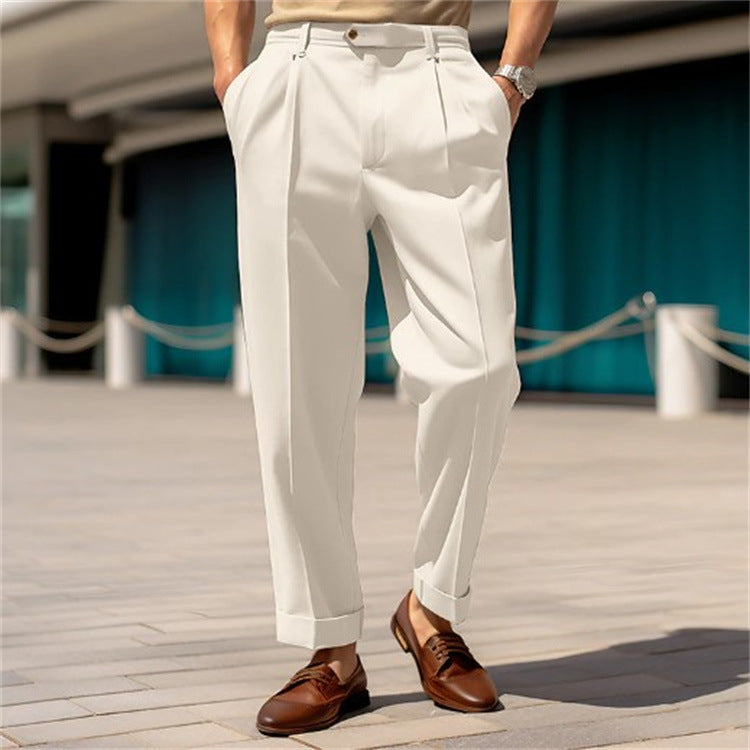 Men's Casual Trousers Comfortable Mid-waist Button Straight Suit Pants